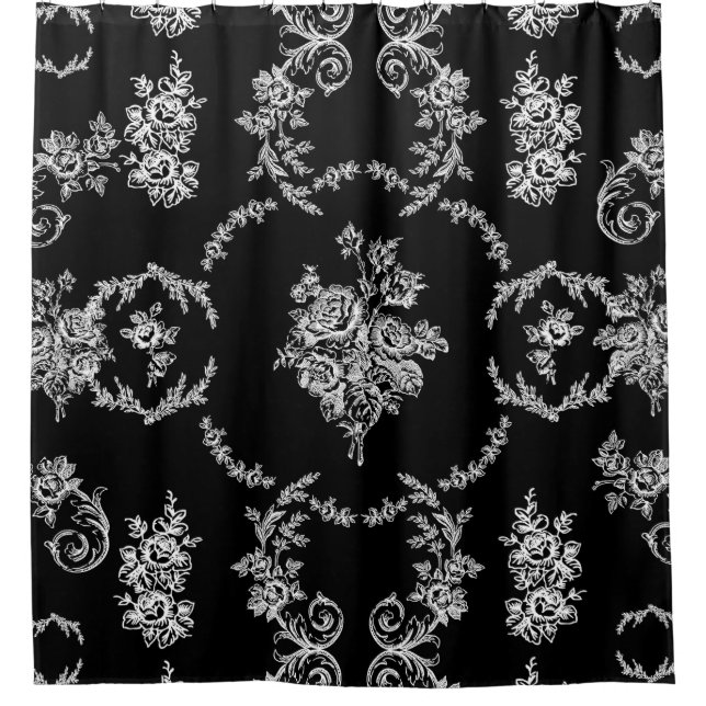 Cortina Para Box rococo - ornamentado preto botânico branco-preto (Frente)