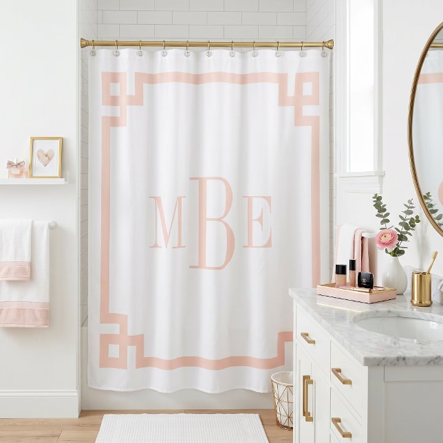 Cortina Para Box Rosa Bege e Branco Chave Grega | Monogramado (Criador carregado)