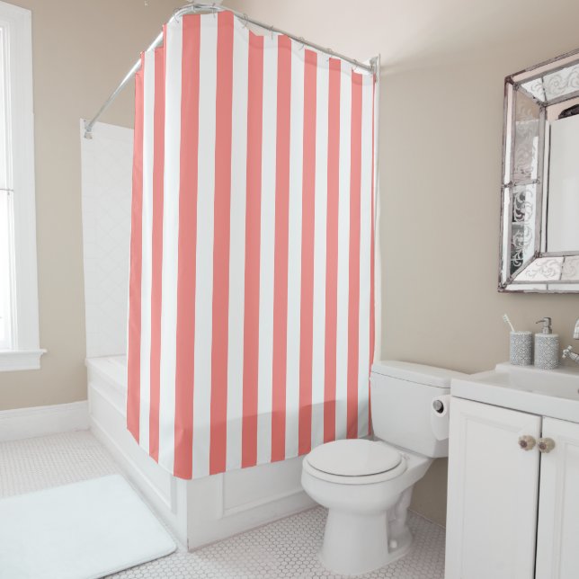 Cortina Para Box Rosa Coral e Branco Listrado Simples  (In Situ)