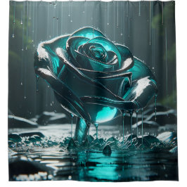Cortina Para Box "Rosa de cristal teal com gotas de chuva em queda"