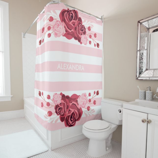 Cortina Para Box Rosa Floral Stripes (In Situ)