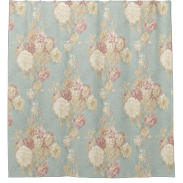 Cortina Para Box Rosas brancos cor-de-rosa embebidos em fundo azul