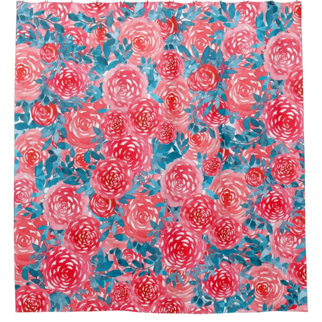 Cortina Para Box Rosas De Aquarela Tapeçaria Floral (Frente)