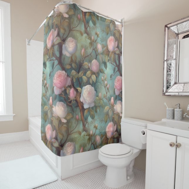 Cortina Para Box Rosas de chá antigas em padrão de chá (In Situ)