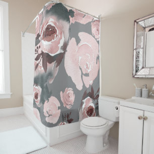 Cortina Para Box Rosas em Aquarela Rosa Floral Carvão Cinza