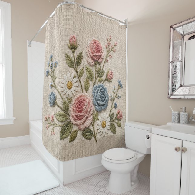 Cortina Para Box Rosas Embroidered Blush & Azul (In Situ)