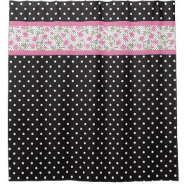 Cortina Para Box Rosas Rosa E Bolinhas Pretas E Brancas