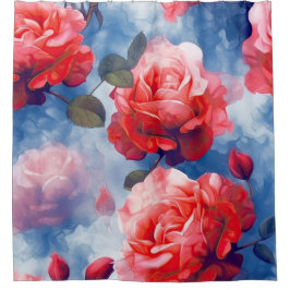 Cortina Para Box Rosas Rosa Escuro em nuvem de tom azul suave - art