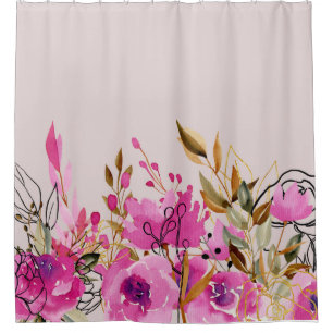 Cortina Para Box Rosas Rosa Fuchsia e Artes Douradas