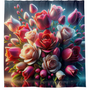 Cortina Para Box Rosas vermelhas e cor-de-rosa com gotas de chuva