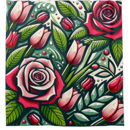 Cortina Para Box "Rosas vermelhas estilizadas com Dewdrops"