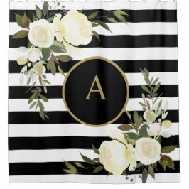 Cortina Para Box ROSES BRANCOS Dourados Monograma Branco Preto Stri