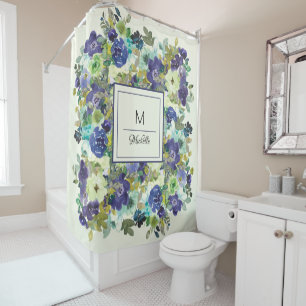 Cortina Para Box Roxo Azul Naval Verde Monograma Floral Aquarela