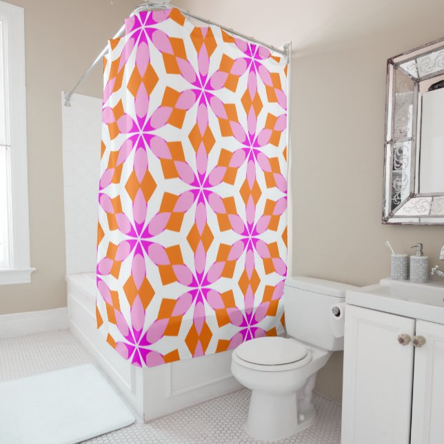 Cortina Para Box Roxo Rosa e Laranja Floral Geométrico (In Situ)