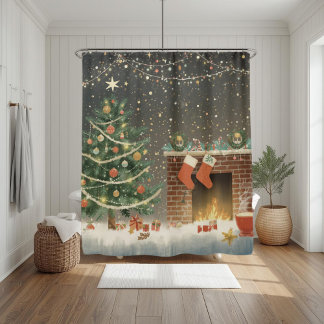 Cortina Para Box Rustic Christmas Tree and Fireplace Shower Curtain