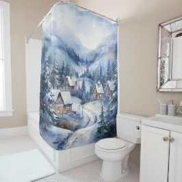 Cortina Para Box Rustic Vintage Winter Scene Snow Chimney Smoke