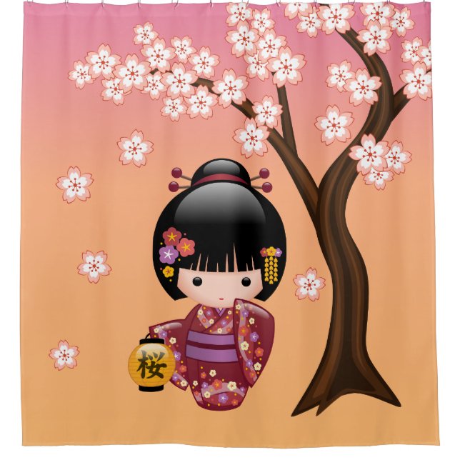 Cortina Para Box Sakura Kokeshi Doll Geisha Girl on Yellow (Frente)