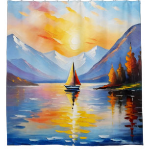 Cortina Para Box Salto de sol sobre lago e montanhas com capa de ne