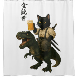Cortina Para Box Samurai Cat with Beer & T-Rex | Retro Japanese Art