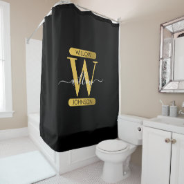 Cortina Para Box Script Moderno do Monograma Dourado e Preto Elegan