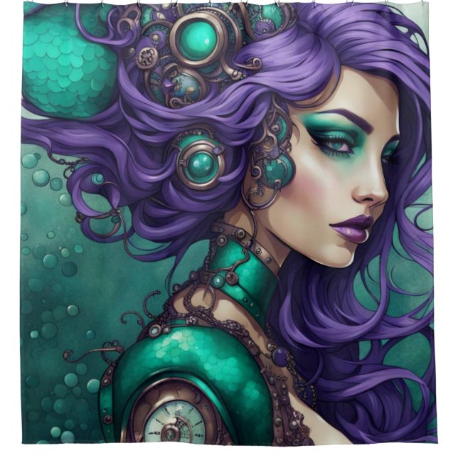 Cortina Para Box "Sereia do Teal e Roxo Steampunk" (Frente)