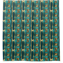 Cortina Para Box Setas Geométricas Art Déco, Dourado e Turquesa