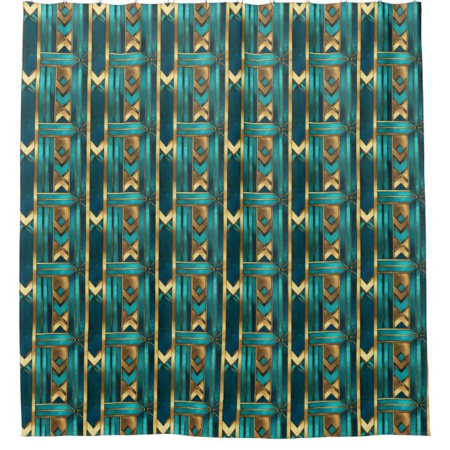 Cortina Para Box Setas Geométricas Art Déco, Dourado e Turquesa (Frente)