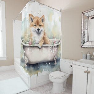 Cortina Para Box Shiba Inu Na Bathtub Watercolor Dog Art