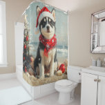 Cortina Para Box Siberian Husky Dog Christmas Vintage Beach<br><div class="desc">Traga o calor dos feriados para a costa com esta charmosa design inspirada na vintagem, que apresenta um cão festivo sentado numa praia serena. Com um clássico toque de feriado de tons nostálgicos e vibrações costeiras, esta trabalho de arte captura a magia do Natal pelo mar. Perfeito para espalhar alegria...</div>