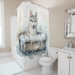 Cortina Para Box Siberian Husky Em Bathtub Watercolor Dog Art