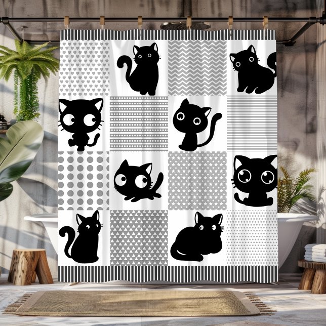 Cortina Para Box Silhuettes de Gato Preto Repleto (Playful Black Cat Silhouettes Shower Curtain )