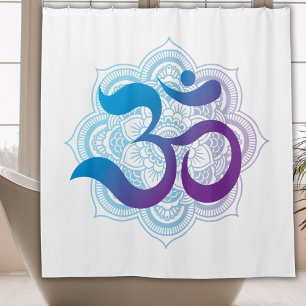 Cortina Para Box Símbolo de Om Puro e Azul Mandala Flor Branco