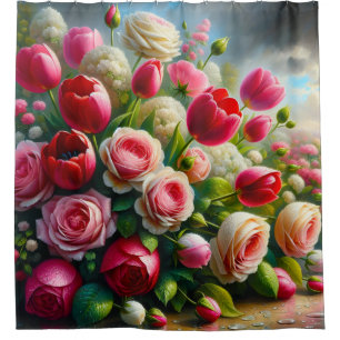 Cortina Para Box "Sinfonia do Jardim: Gotas de chuva em Rosas e Tul