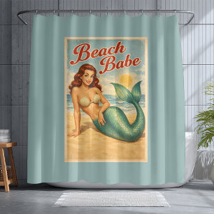 Cortina Para Box Sirene Pin-Up Bebê da Praia Decoração Azul Costeir