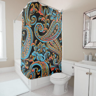 Cortina Para Box Sky Blue e Autumn Orange Vintage Paisley