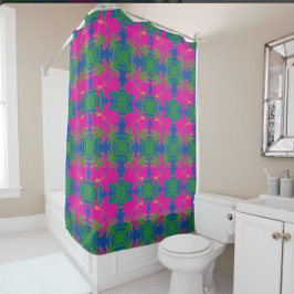 Cortina Para Box Sonhos de Floresta Tropical Hibisco Verde Azul Ros