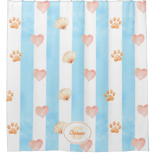 Cortina Para Box Stripe Azul e Branco - Corações, Impressão de Vaca