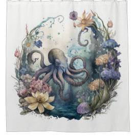 Cortina Para Box Submarino Floral De Octopus Sob O Mar