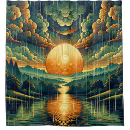 Cortina Para Box "Sunset Estilizado com Reflexões de Verde e Dourad