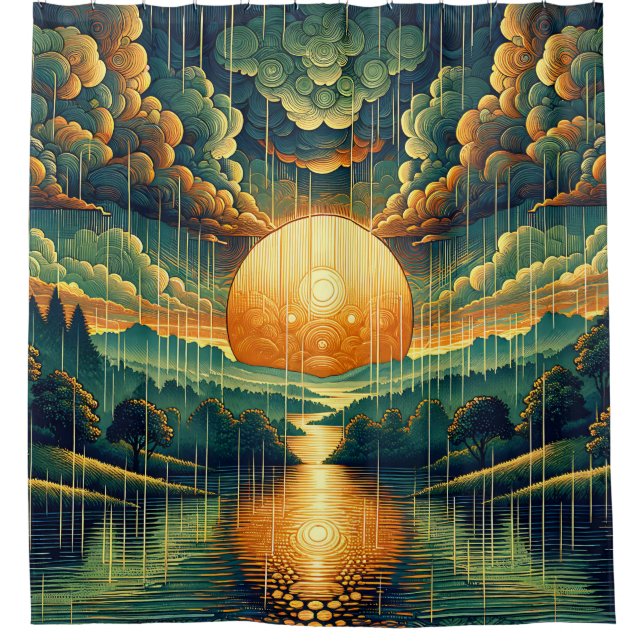 Cortina Para Box "Sunset Estilizado com Reflexões de Verde e Dourad (Frente)