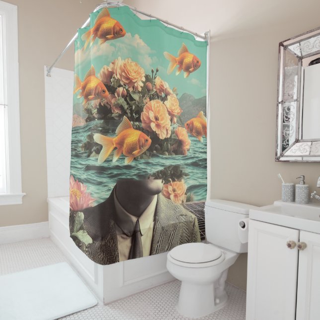 Cortina Para Box Surreal Portrait With Goldfish Flowers And Ocean (In Situ)