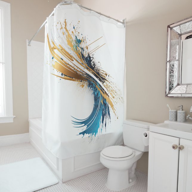 Cortina Para Box Tablecloth Dourada do Teal Branco com Abstrato Din (In Situ)