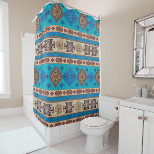 Cortina Para Box Tapete Kilim Turco Antigo Aqua Azul Dourado Claro