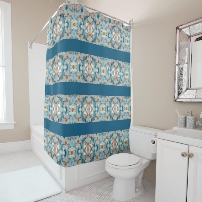Cortina Para Box Teal Blues e White Daisy Pattern (In Situ)