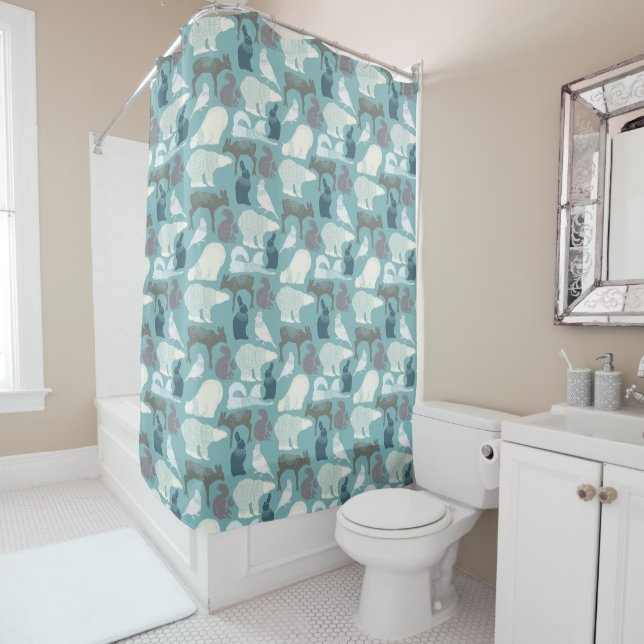 Cortina Para Box Teal Cinza Winter Wildlife Pattern (In Situ)