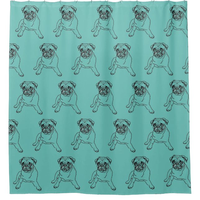 Cortina Para Box Tendy Teal Blue Pug Cão Desenho Cortina (Frente)