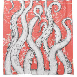 Cortina Para Box Tentáculos Brancos Octopus Vintage Map Coral Náuti