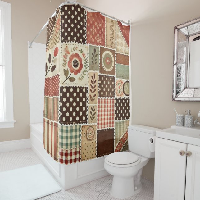 Cortina Para Box Terracotta Patchwork Quilt Rustic Retro Floral (In Situ)