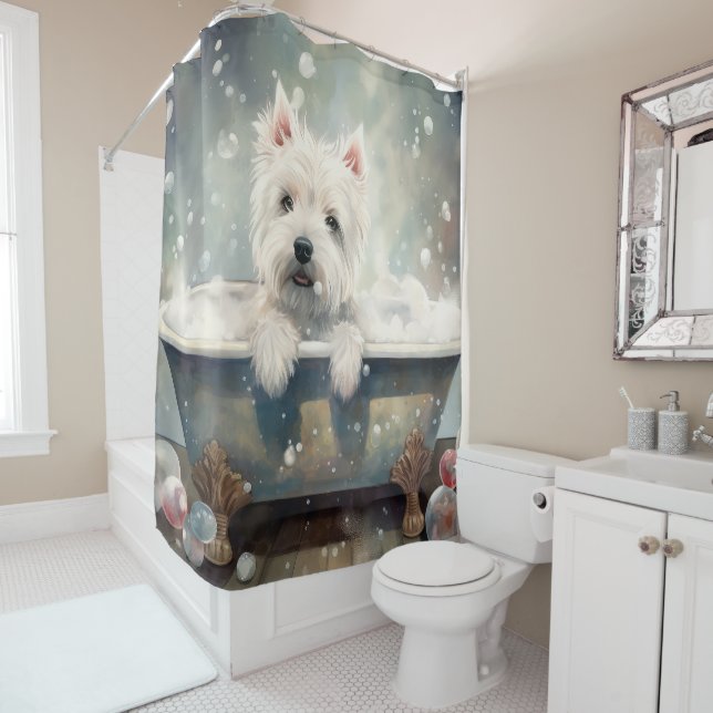 Cortina Para Box Terrier branco da West Highland em Bathtub (In Situ)