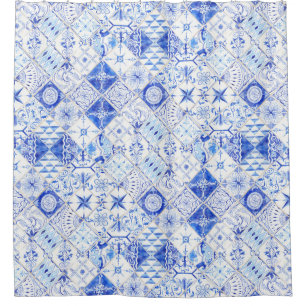 Cortina Para Box Teste padrão branco azul do azulejo dos retalhos
